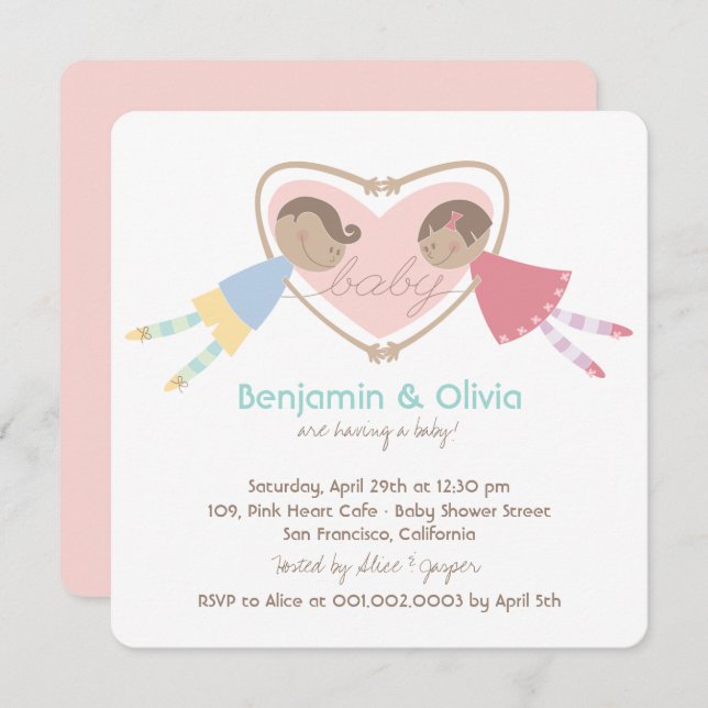 Cartoon Boy Hearts Girl Love Couples Baby Shower Invitation (Front/Back)