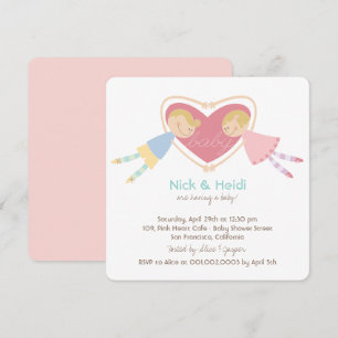 Cartoon Boy Hearts Girl Love Couples Baby Shower Invitation