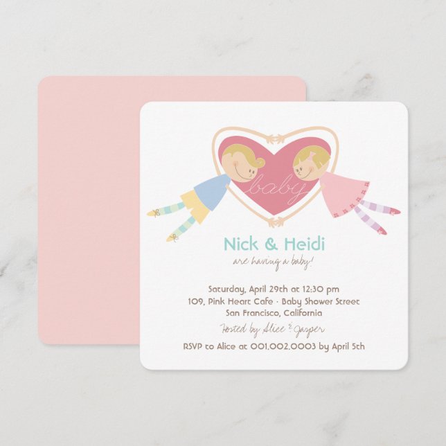 Cartoon Boy Hearts Girl Love Couples Baby Shower Invitation (Front/Back)