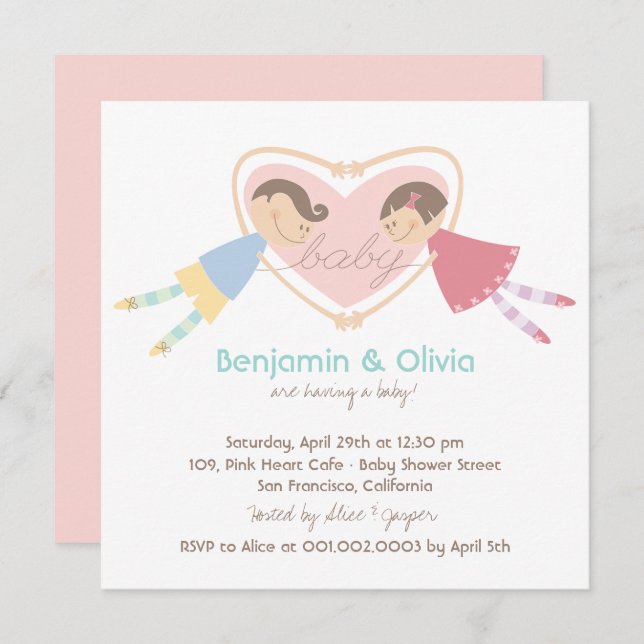 Cartoon Boy Hearts Girl Love Couples Baby Shower Invitation (Front/Back)