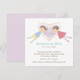 Cartoon Boy Hearts Girl Love Couples Baby Shower Invitation