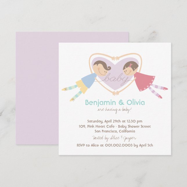 Cartoon Boy Hearts Girl Love Couples Baby Shower Invitation (Front/Back)