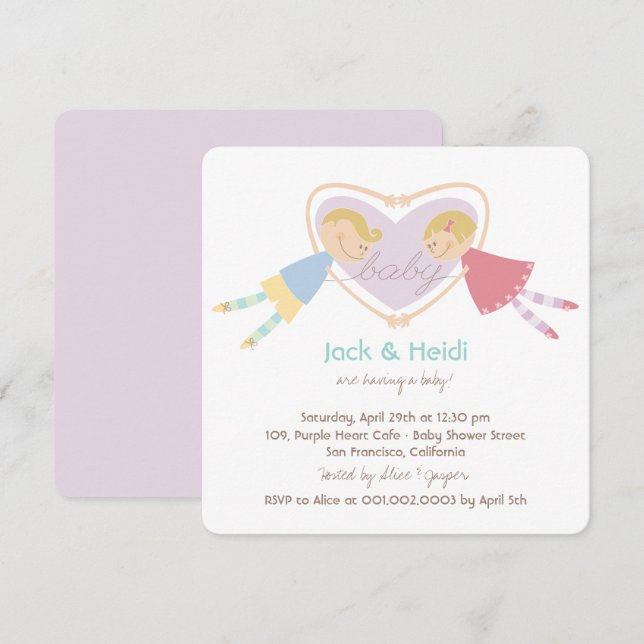 Cartoon Boy Hearts Girl Love Couples Baby Shower Invitation (Front/Back)