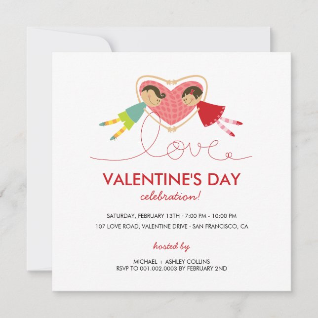 Cartoon Boy Hearts Girl Love Valentine Party Card (Front)