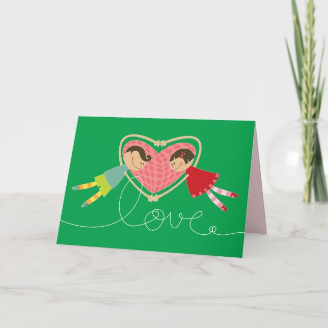 Cartoon Boy Hearts Girl Love Valentine's Day Card (Front)