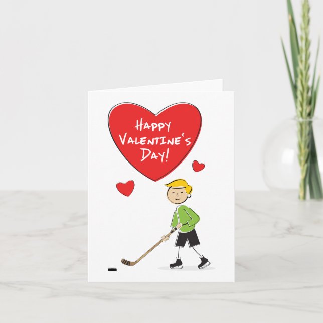 Cartoon Boy Hockey Valentines Card (Front)