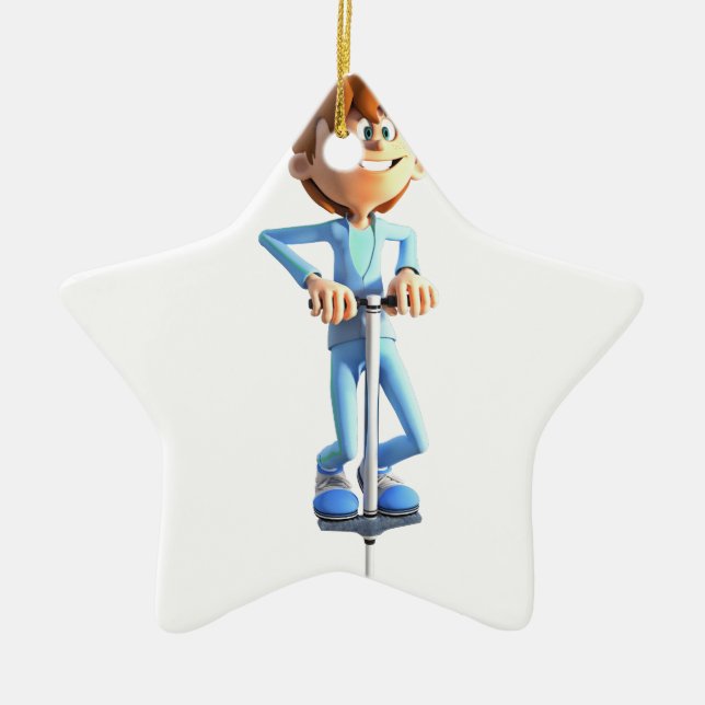 Cartoon Boy on a Pogo Stick Ceramic Tree Decoration (Front)