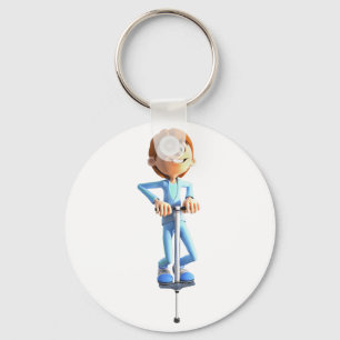 Cartoon Boy on a Pogo Stick Key Ring