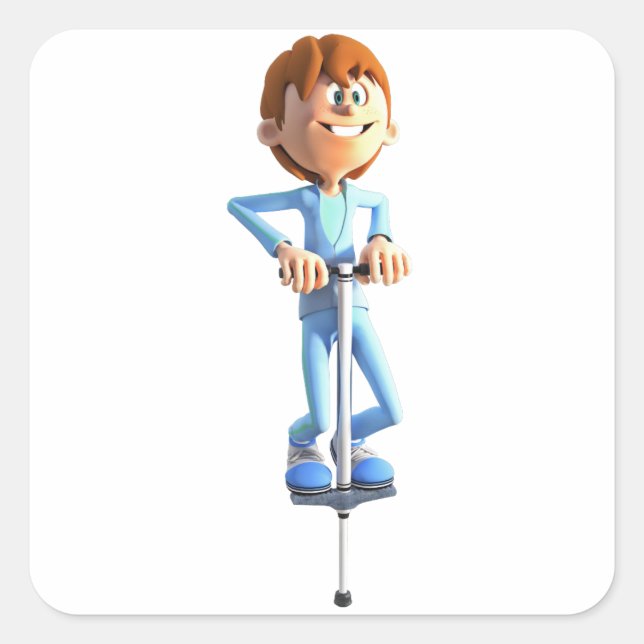 Cartoon Boy on a Pogo Stick Square Sticker (Front)
