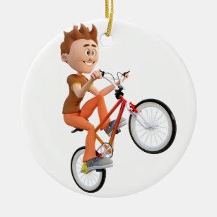 Cartoon Boy on Bike Doing A Wheelie Ceramic Tree Decoration