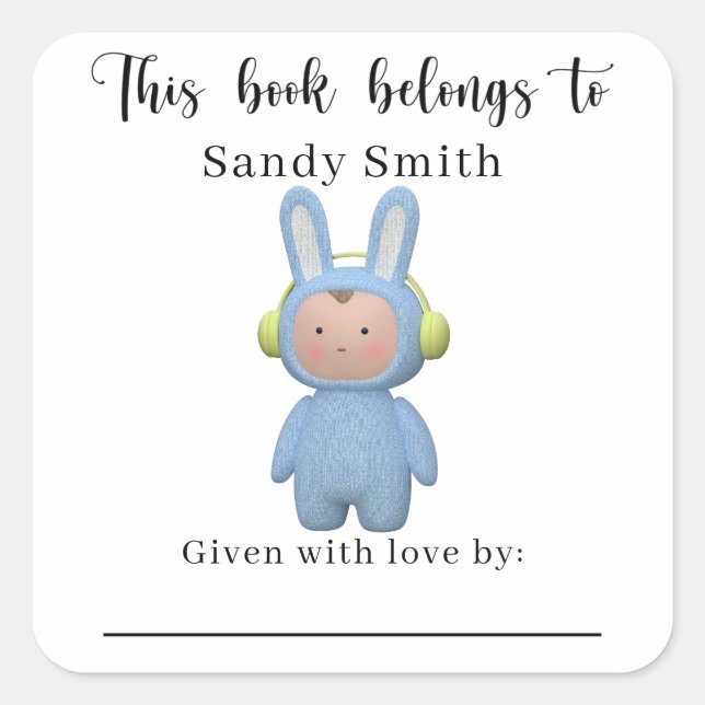 cartoon boy rabbit - This book belongs  Square Sticker (Front)
