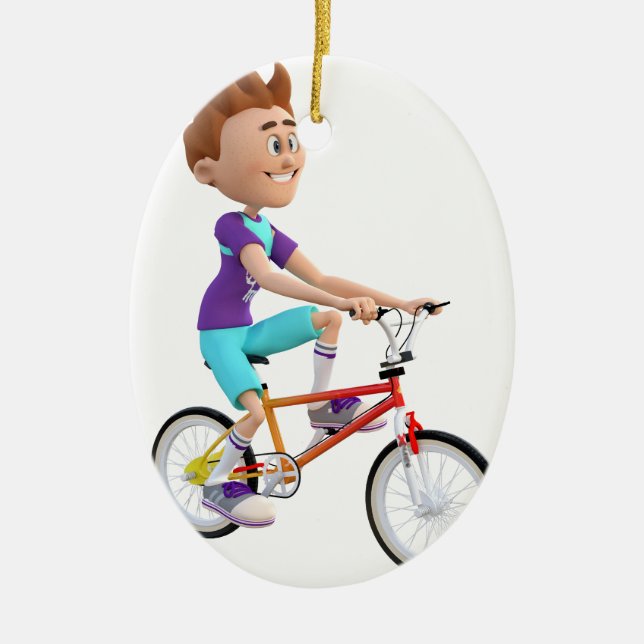 Cartoon Boy Riding A Bike Ceramic Tree Decoration (Front)