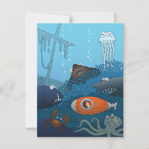 Cartoon Boy Submarine Undersea Animals Coral World Postcard