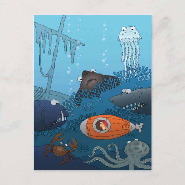 Cartoon Boy Submarine Undersea Animals Coral World Postcard (Front)