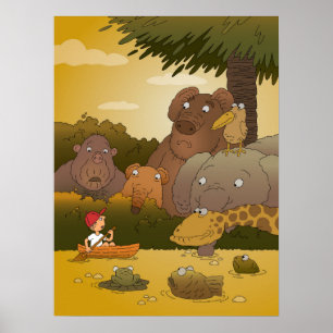 Cartoon Boy Tropical Jungle Animal Poster