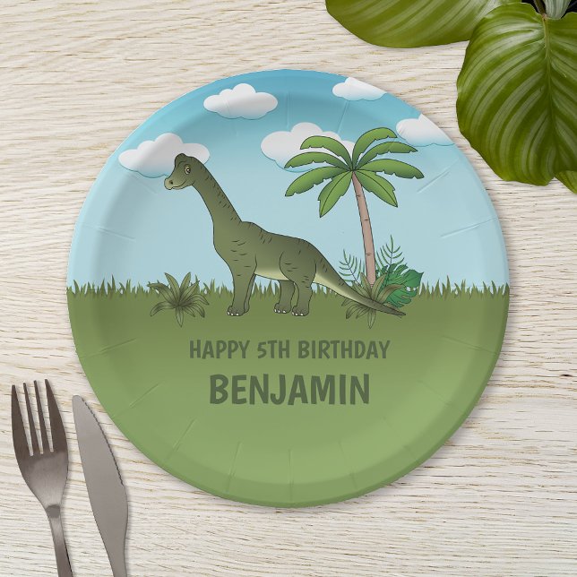 Cartoon Brachiosaurus Dinosaur Kid's Birthday Paper Plate (Creator Uploaded)