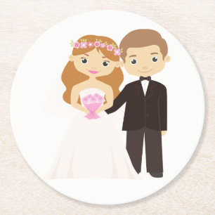 Cartoon Bride & Groom Black And White Wedding Round Paper Coaster