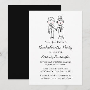 Cartoon Bride Groom Black Bachelorette Party Invitation