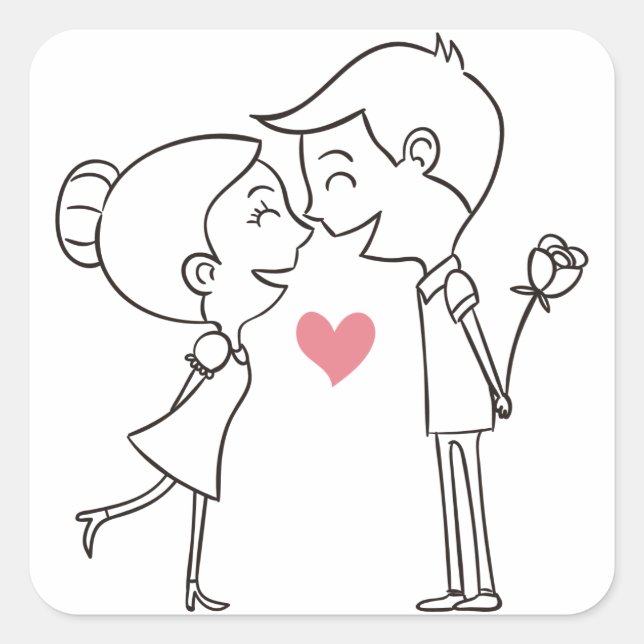 Cartoon Bride & Groom Black & White Pink Wedding Square Sticker (Front)