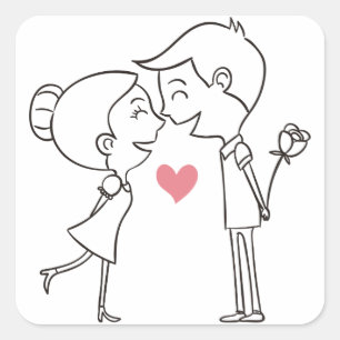 Cartoon Bride & Groom Black & White Pink Wedding Square Sticker