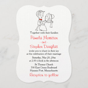 Cartoon Bride & Groom Black, White & Red Wedding Invitation
