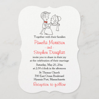 Cartoon Bride & Groom Black, White & Red Wedding Invitation