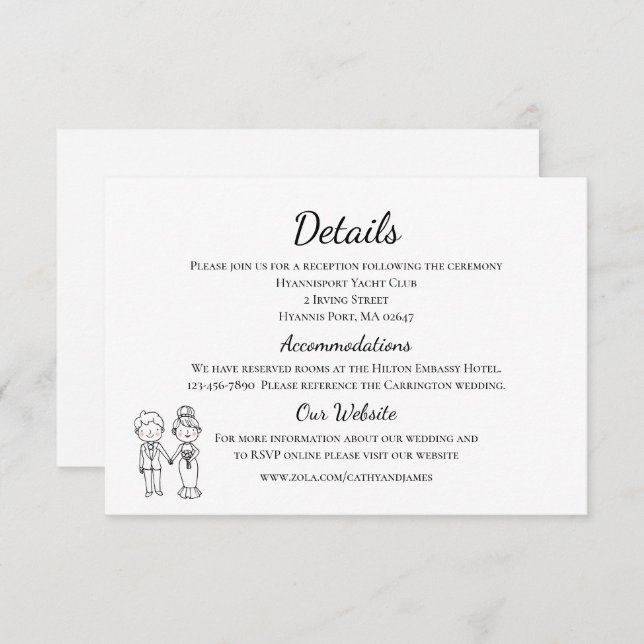 Cartoon Bride Groom Black White Wedding Details Enclosure Card (Front/Back)