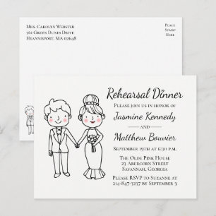 Cartoon Bride Groom Black White Wedding Rehearsal  Invitation Postcard