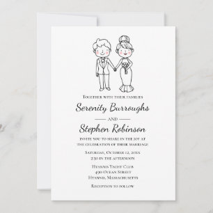 Cartoon Bride Groom Black White Whimsical Wedding Invitation