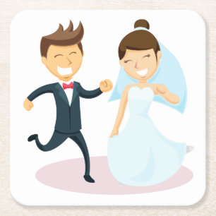 Cartoon Bride & Groom Dancing Wedding Just Married Square Paper Coaster