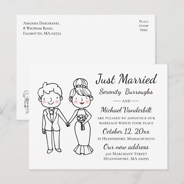 Cartoon Bride Groom Just Married Wedding  Announcement Postcard (Front/Back)