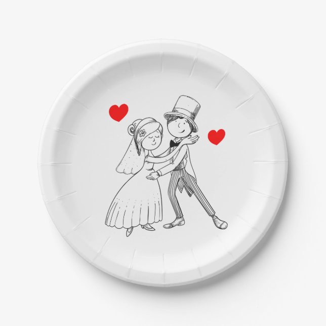 Cartoon Bride Groom Just Married Wedding Black Red Paper Plate (Front)