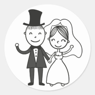 Cartoon Bride & Groom Just Married Wedding Classic Round Sticker