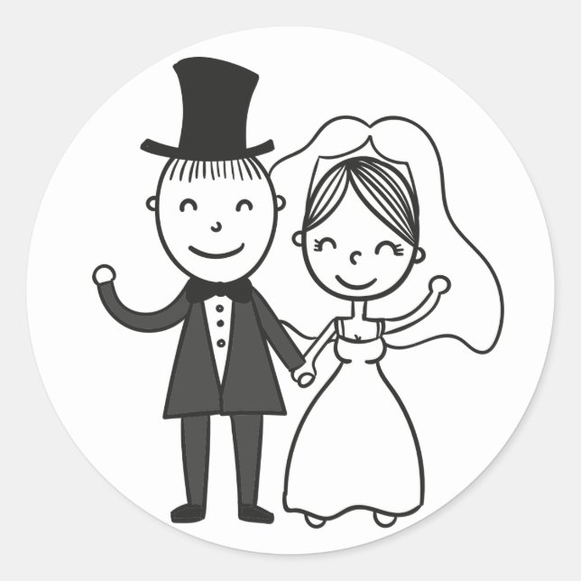 Cartoon Bride & Groom Just Married Wedding Classic Round Sticker (Front)
