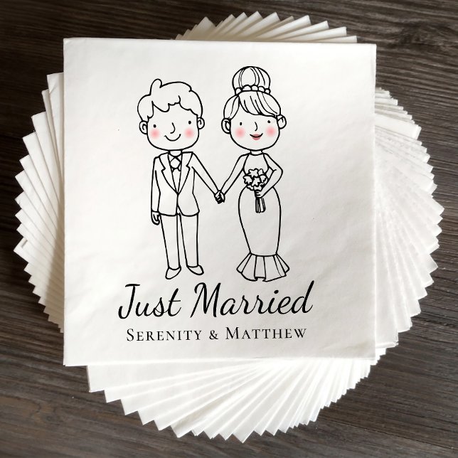 Cartoon Bride Groom Just Married Wedding Napkins (Creator Uploaded)