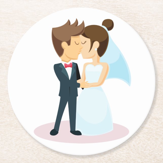 Cartoon Bride & Groom Kissing Wedding Round Paper Coaster (Front)
