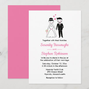 Cartoon Bride Groom Pink Black Vintage Wedding Invitation