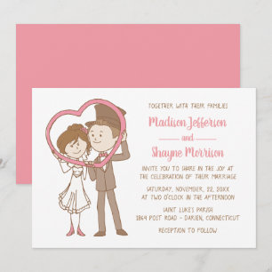 Cartoon Bride Groom Pink Brown Wedding Invitation