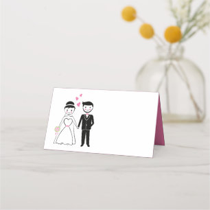 Cartoon Bride Groom Pink Wedding Party Place Card