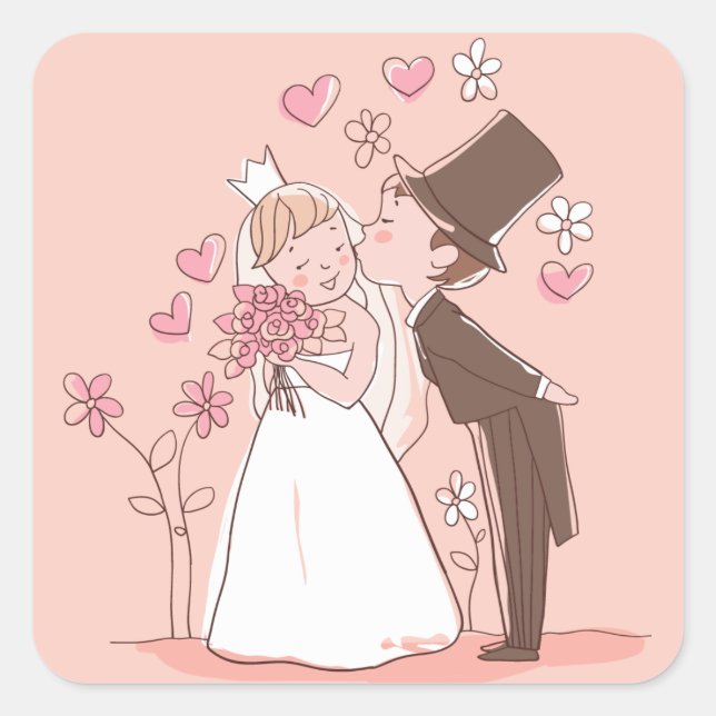 Cartoon Bride & Groom Pink Wedding Sticker (Front)