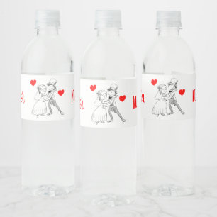 Cartoon Bride Groom Red Black Wedding Just Married Water Bottle Label