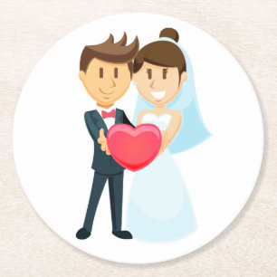 Cartoon Bride & Groom Red Heart Wedding Round Paper Coaster