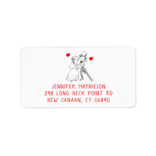 Cartoon Bride Groom Wedding Red Black Just Married Label