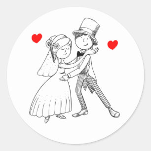 Cartoon Bride Groom Wedding Red Black White Classic Round Sticker