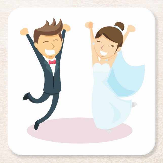 Cartoon Bride & Groom Wedding Square Paper Coaster (Front)