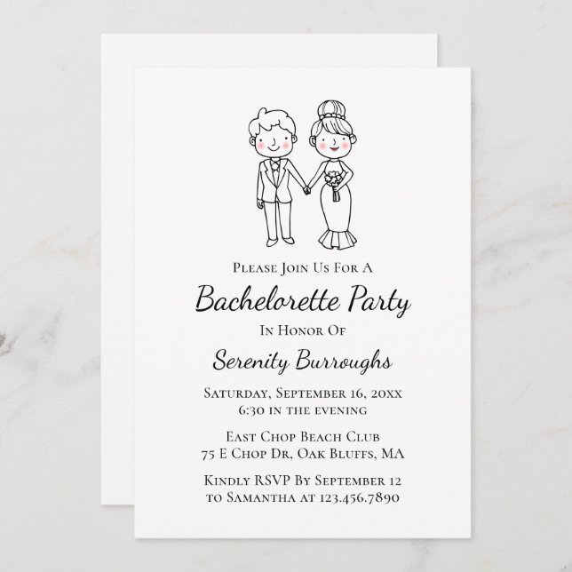 Cartoon Bride Groom Whimsical Bachelorette Party Invitation (Front/Back)