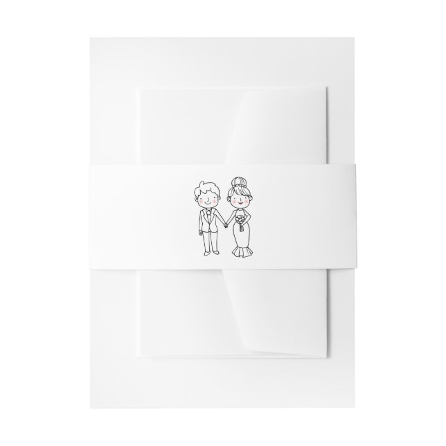 Cartoon Bride Groom Whimsical Black White Wedding Invitation Belly Band (Front Example)