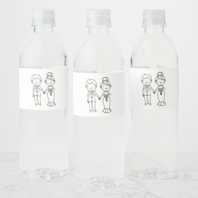 Cartoon Bride Groom Whimsical Black White Wedding Water Bottle Label (Bottles)