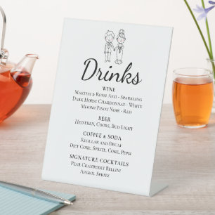 Cartoon Bride Groom Whimsical Wedding Drinks Bar Pedestal Sign