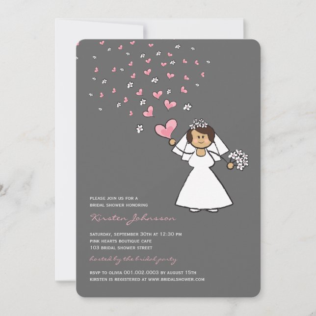 Cartoon Bride Pink Hearts Flowers Bridal Shower Invitation (Front)